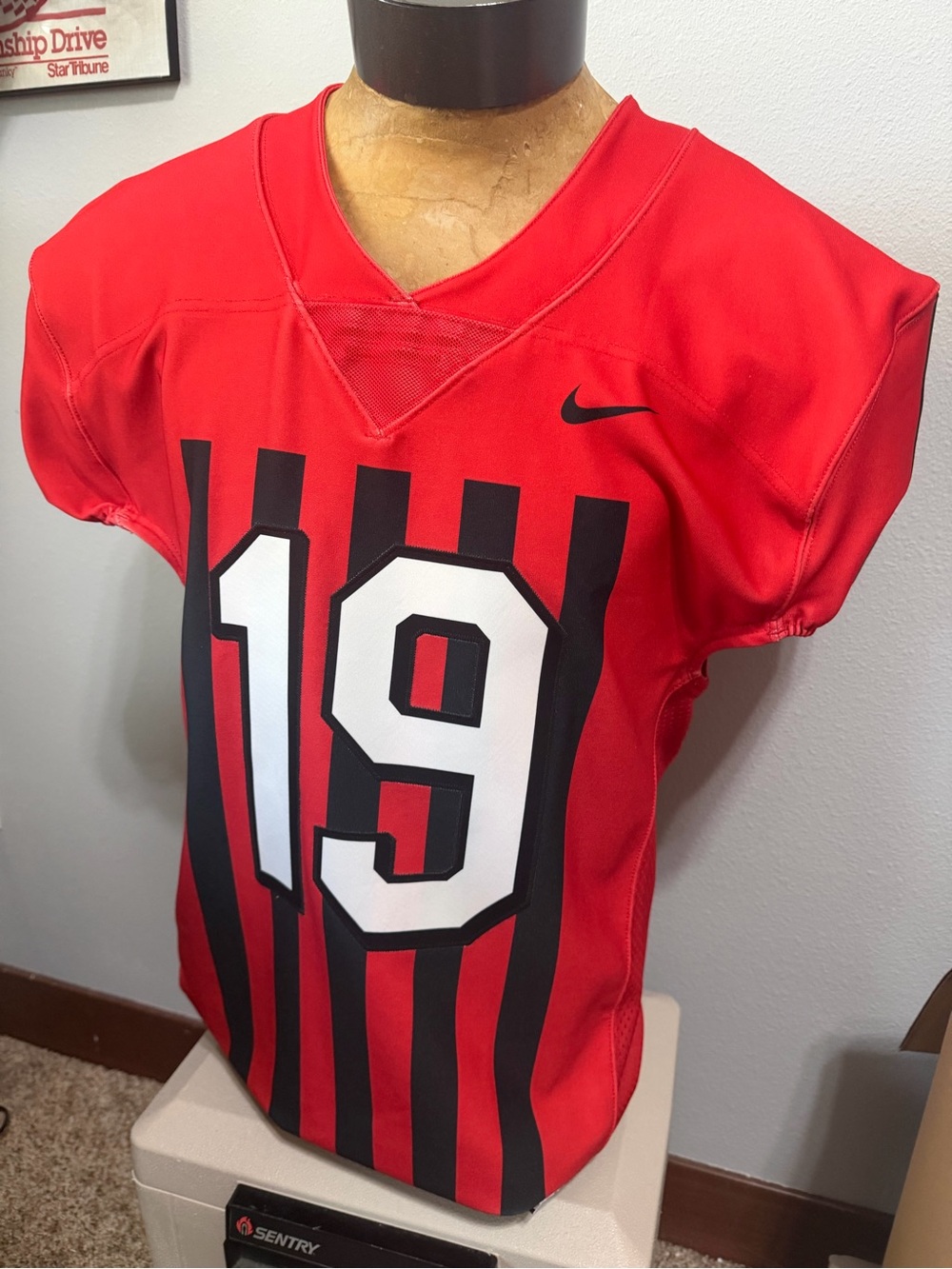 Nike Red and Black Striped Football Jersey with White Number 19
